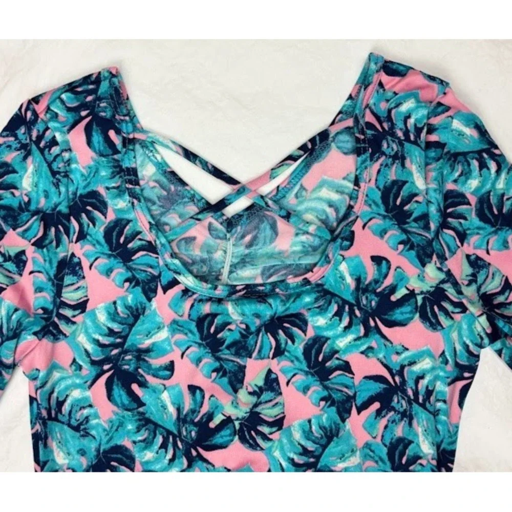 Dot Smile Girls 8‎ 10 Pink Leaves Teal Green Palm Ballerina Twirl Dress Tropical
